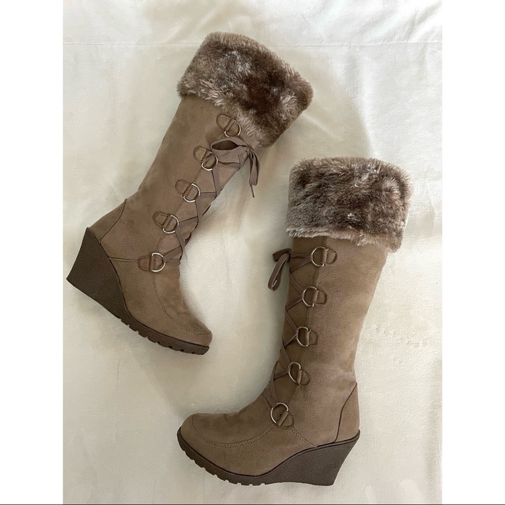 Tan Faux Suede boots with fur cuff